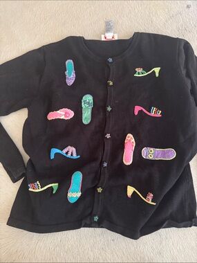 Vintage Cardigan Sweater with Colorful Shoe Embroidered Accents